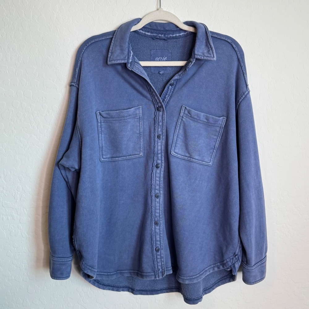 Aerie Womens Small Blue Lumber Jane Fleece Oversized Shacket Boho Shirt Jacket